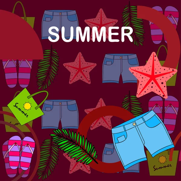 Vacaciones de verano. Bolsa de playa, zapatillas, pantalones cortos, estrellas de mar, sábana tropical. Fondo vectorial — Vector de stock