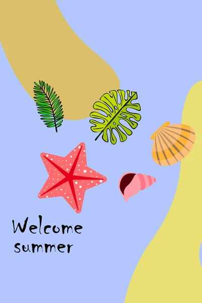 Zomer rust. Zeesterren, Seashell, bladeren van tropische planten. Vector achtergrond — Stockvector