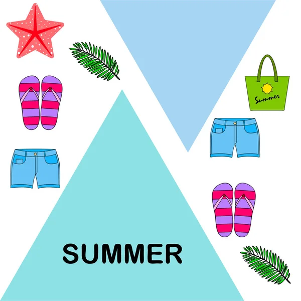 Vacaciones de verano. Bolsa de playa, zapatillas, pantalones cortos, estrellas de mar, sábana tropical. Fondo vectorial — Vector de stock