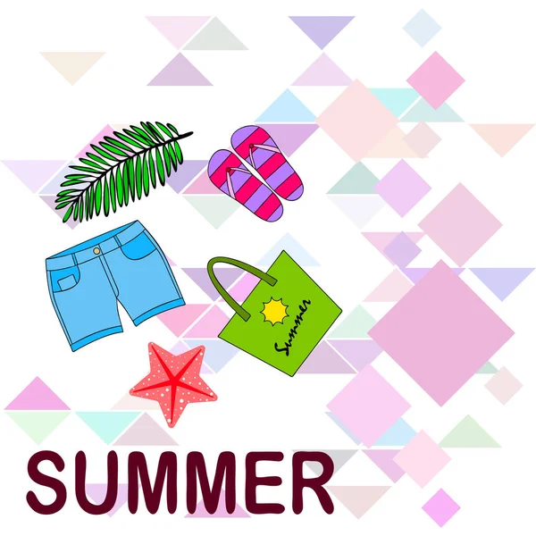 Zomervakantie. Strand tas, slippers, shorts, Starfish, tropische blad. Vector achtergrond — Stockvector