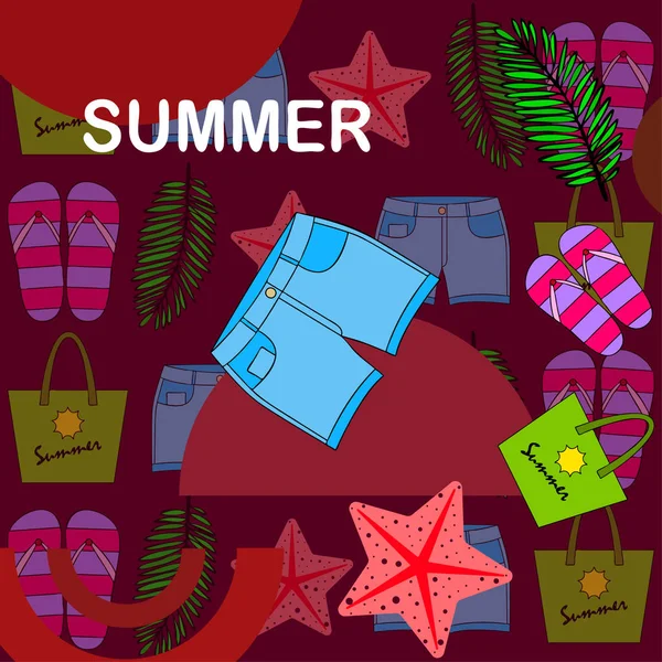 Vacaciones de verano. Bolsa de playa, zapatillas, pantalones cortos, estrellas de mar, sábana tropical. Fondo vectorial — Vector de stock