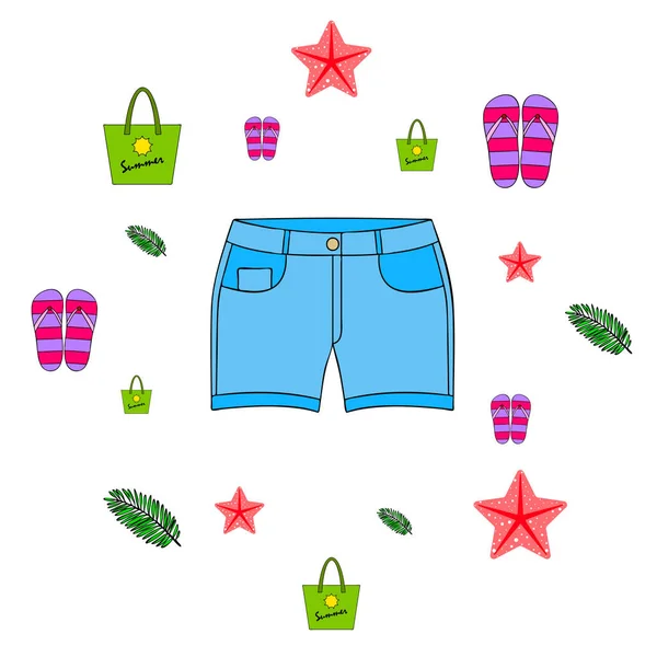 Vacaciones de verano. Bolsa de playa, zapatillas, pantalones cortos, estrellas de mar, sábana tropical. Fondo vectorial — Archivo Imágenes Vectoriales