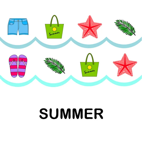 Vacaciones de verano. Bolsa de playa, zapatillas, pantalones cortos, estrellas de mar, sábana tropical. Fondo vectorial — Vector de stock