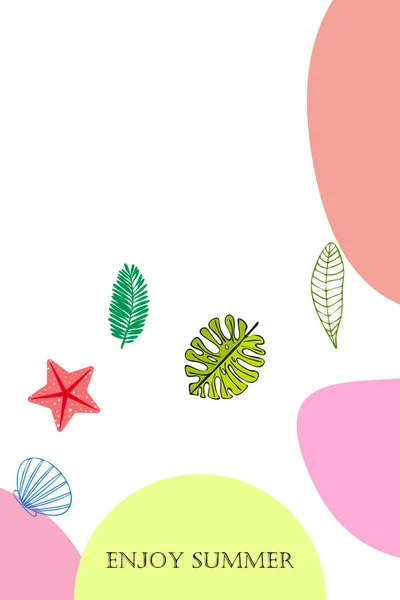 Summer Rest Starfish Seashell Leaves Tropical Plants Vector Background — Stock Vector