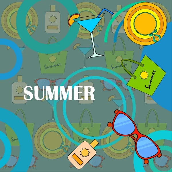 海滩度假。太阳镜、帽子、沙滩包、鸡尾酒、防晒霜。矢量背景. — 图库矢量图片