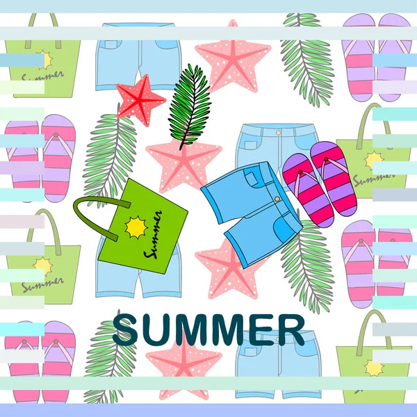 Yaz tatili. Plaj çantası, terlik, şort, denizyıldızı, tropik çarşaf. Vektör arka planı