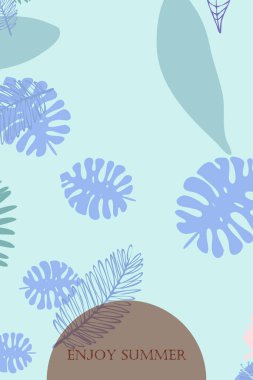 Tropik bitkilerin yaprakları. Renkli yaz kartpostalı, yaz tatili. Vektör arka planı.