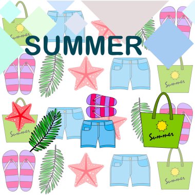 Yaz tatili. Plaj çantası, terlik, şort, denizyıldızı, tropik çarşaf. Vektör arka planı