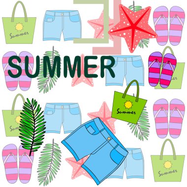 Yaz tatili. Plaj çantası, terlik, şort, denizyıldızı, tropik çarşaf. Vektör arka planı