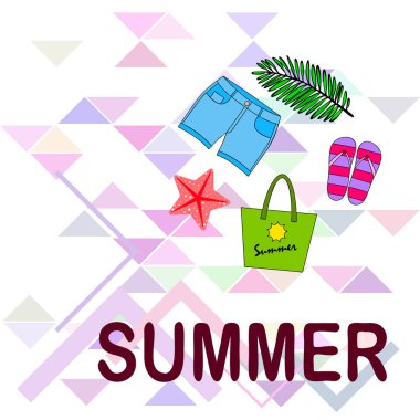 Yaz tatili. Plaj çantası, terlik, şort, denizyıldızı, tropik çarşaf. Vektör arka planı