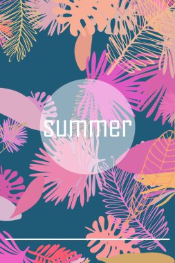 Tropik bitkilerin yaprakları. Renkli yaz kartpostalı, yaz tatili. Vektör arka planı.