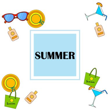 Sahil tatili. Güneş gözlüğü, şapka, plaj çantası, kokteyl, güneş kremi. Vektör arka planı.