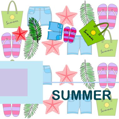 Yaz tatili. Plaj çantası, terlik, şort, denizyıldızı, tropik çarşaf. Vektör arka planı