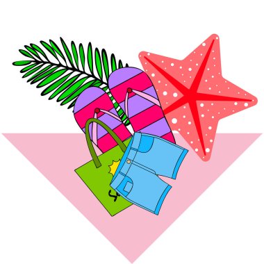 Yaz tatili. Plaj çantası, terlik, şort, denizyıldızı, tropik çarşaf. Vektör arka planı