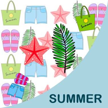 Yaz tatili. Plaj çantası, terlik, şort, denizyıldızı, tropik çarşaf. Vektör arka planı