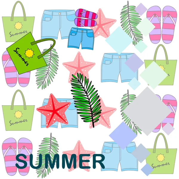 Vacaciones de verano. Bolsa de playa, zapatillas, pantalones cortos, estrellas de mar, sábana tropical. Fondo vectorial — Archivo Imágenes Vectoriales