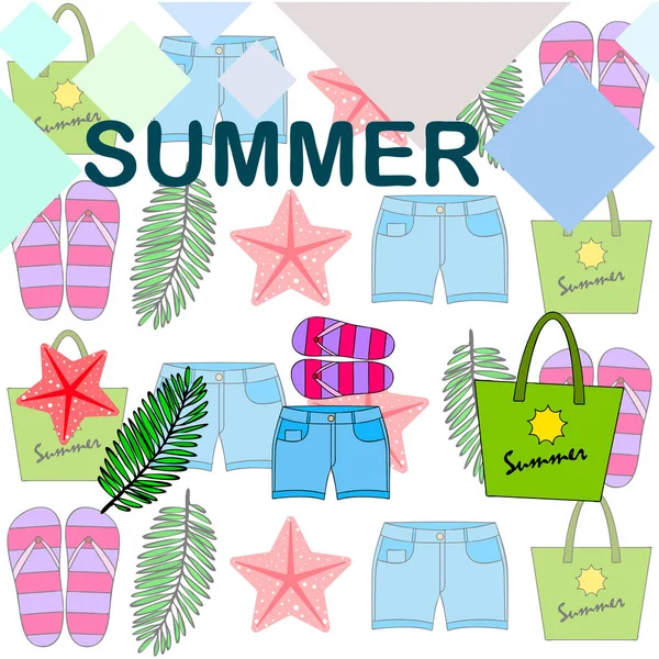 Vacaciones de verano. Bolsa de playa, zapatillas, pantalones cortos, estrellas de mar, sábana tropical. Fondo vectorial — Vector de stock