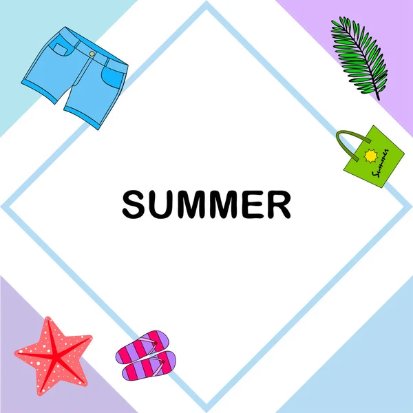 Vacances d'été. Sac de plage, pantoufles, shorts, étoiles de mer, drap tropical. Fond vectoriel — Image vectorielle