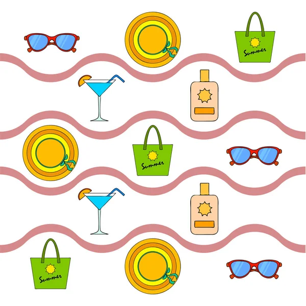 Beach vacation. Sunglasses, hat, beach bag, cocktail, sunscreen. Vector background. — Stock Vector
