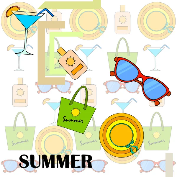 As férias na praia. Óculos de sol, chapéu, saco de praia, coquetel, protetor solar. Fundo vetorial . — Vetor de Stock