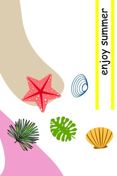 Summer rest. Starfish, seashell, leaves of tropical plants. Vector background — Stock Vector