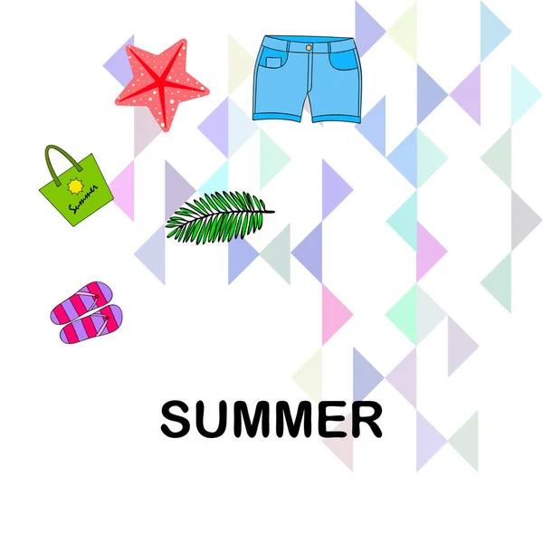 Vacaciones de verano. Bolsa de playa, zapatillas, pantalones cortos, estrellas de mar, sábana tropical. Fondo vectorial — Vector de stock