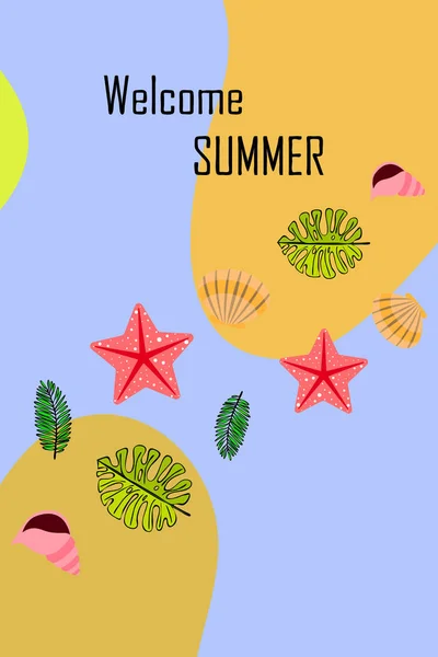 Sommerpause. Seesterne, Muscheln, Blätter tropischer Pflanzen. Vektorhintergrund — Stockvektor