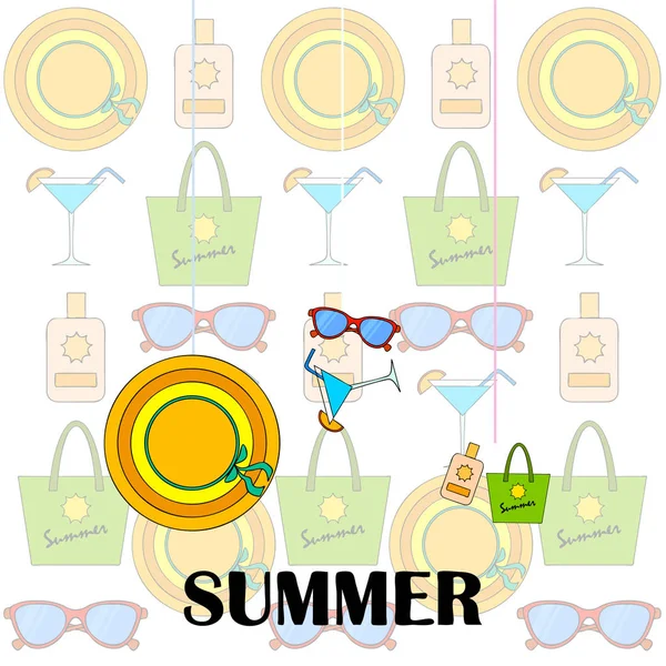 Plážová dovolená. Sluneční brýle, klobouk, plážový pytel, koktejl, krém na opalování. Vektorové pozadí. — Stockový vektor