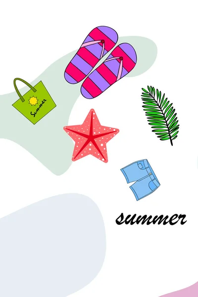 Vacaciones de verano. Bolsa de playa, zapatillas, pantalones cortos, estrellas de mar, sábana tropical. Fondo vectorial — Vector de stock