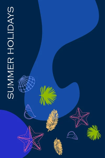 Summer rest. Starfish, seashell, leaves of tropical plants. Vector background — Stock Vector