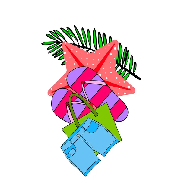 Vacances d'été. Sac de plage, pantoufles, shorts, étoiles de mer, drap tropical. Fond vectoriel — Image vectorielle