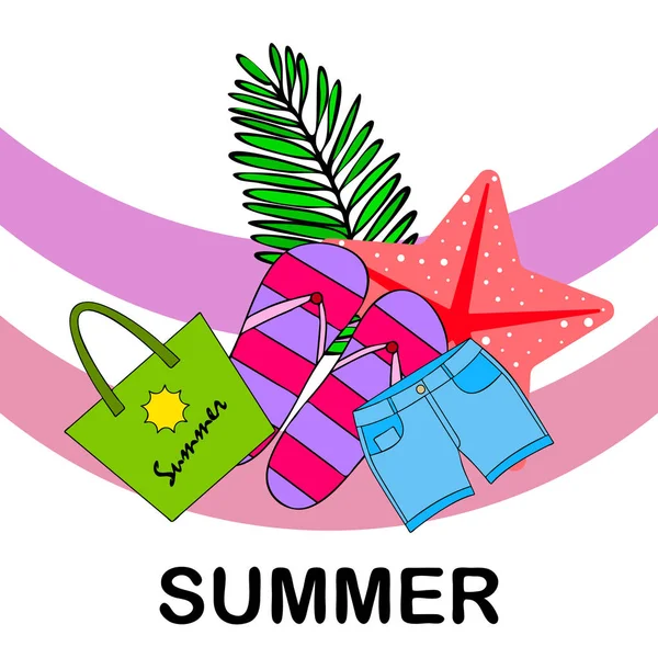 Zomervakantie. Strand tas, slippers, shorts, Starfish, tropische blad. Vector achtergrond — Stockvector