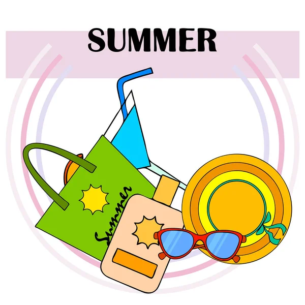 Διακοπές στην παραλία. Γυαλιά ηλίου, καπέλο, τσάντα παραλίας, κοκτέιλ, αντηλιακό. Διανυσματικό φόντο. — Διανυσματικό Αρχείο