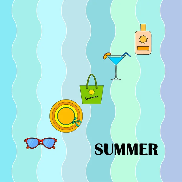 Strandurlaub Sonnenbrille Hut Strandtasche Cocktail Sonnencreme Vektorhintergrund — Stockvektor