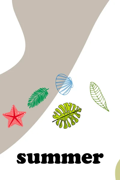 Repos Été Étoile Mer Coquillage Feuilles Plantes Tropicales Fond Vectoriel — Image vectorielle