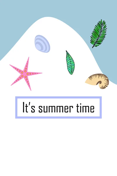 Zomer rust. Zeesterren, Seashell, bladeren van tropische planten. Vector achtergrond — Stockvector