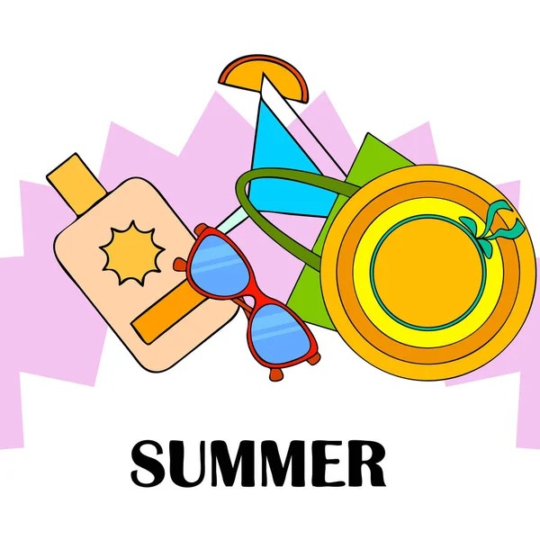 Strandvakantie. Zonnebril, hoed, strandtas, cocktail, zonnebrandcrème. Vector achtergrond. — Stockvector
