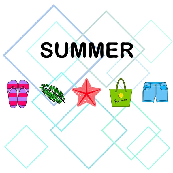 暑假。沙滩包，拖鞋，短裤，海星，热带床单。矢量背景 — 图库矢量图片