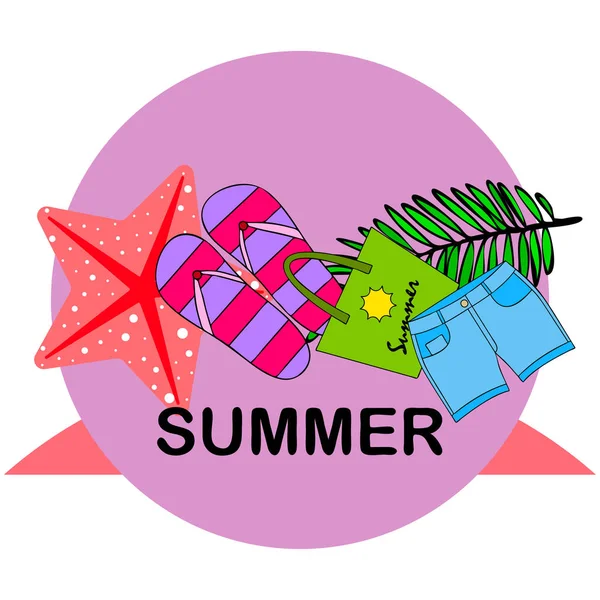 Летние каникулы. Пляжная сумка, тапочки, шорты, морская звезда, тропический лист. Векторный фон — стоковый вектор