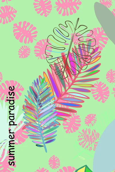 Feuilles Plantes Tropicales Carte Postale Été Couleur Vacances Été Fond — Image vectorielle