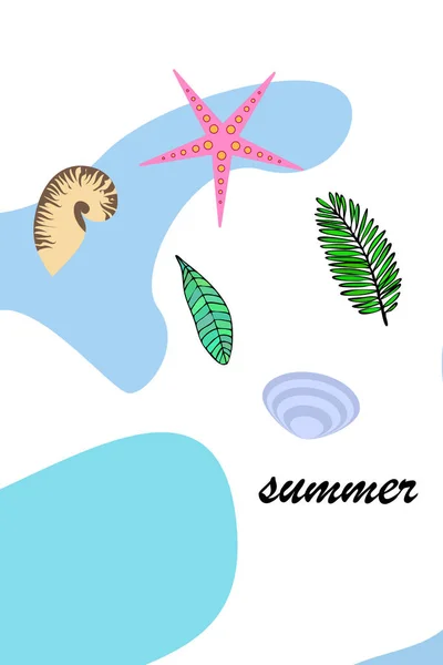 Summer rest. Starfish, seashell, leaves of tropical plants. Vector background — Stock Vector