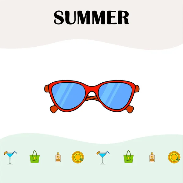 Beach vacation. Sunglasses, hat, beach bag, cocktail, sunscreen. Vector background. — Stock Vector