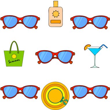 Sahil tatili. Güneş gözlüğü, şapka, plaj çantası, kokteyl, güneş kremi. Vektör arka planı.
