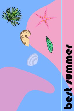 Yaz istirahati. Denizyıldızı, deniz kabuğu, tropik bitkilerin yaprakları. Vektör arka planı