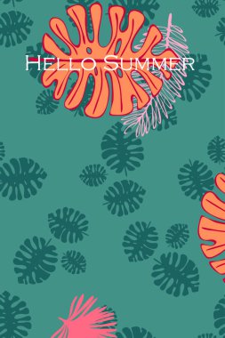 Tropik bitkilerin yaprakları. Renkli yaz kartpostalı, yaz tatili. Vektör arka planı.