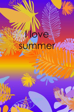 Tropik bitkilerin yaprakları. Renkli yaz kartpostalı, yaz tatili. Vektör arka planı.