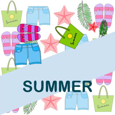 Yaz tatili. Plaj çantası, terlik, şort, denizyıldızı, tropik çarşaf. Vektör arka planı