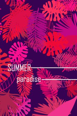 Tropik bitkilerin yaprakları. Renkli yaz kartpostalı, yaz tatili. Vektör arka planı.