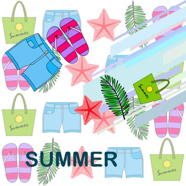 Yaz tatili. Plaj çantası, terlik, şort, denizyıldızı, tropik çarşaf. Vektör arka planı