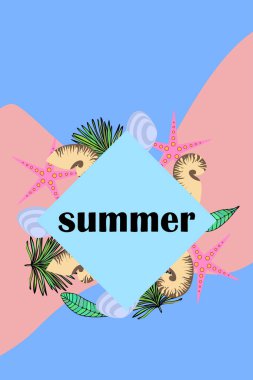 Yaz istirahati. Denizyıldızı, deniz kabuğu, tropik bitkilerin yaprakları. Vektör arka planı